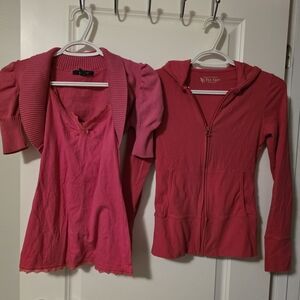 Pink Short Sleeve Top and Hoodie Set With Tank